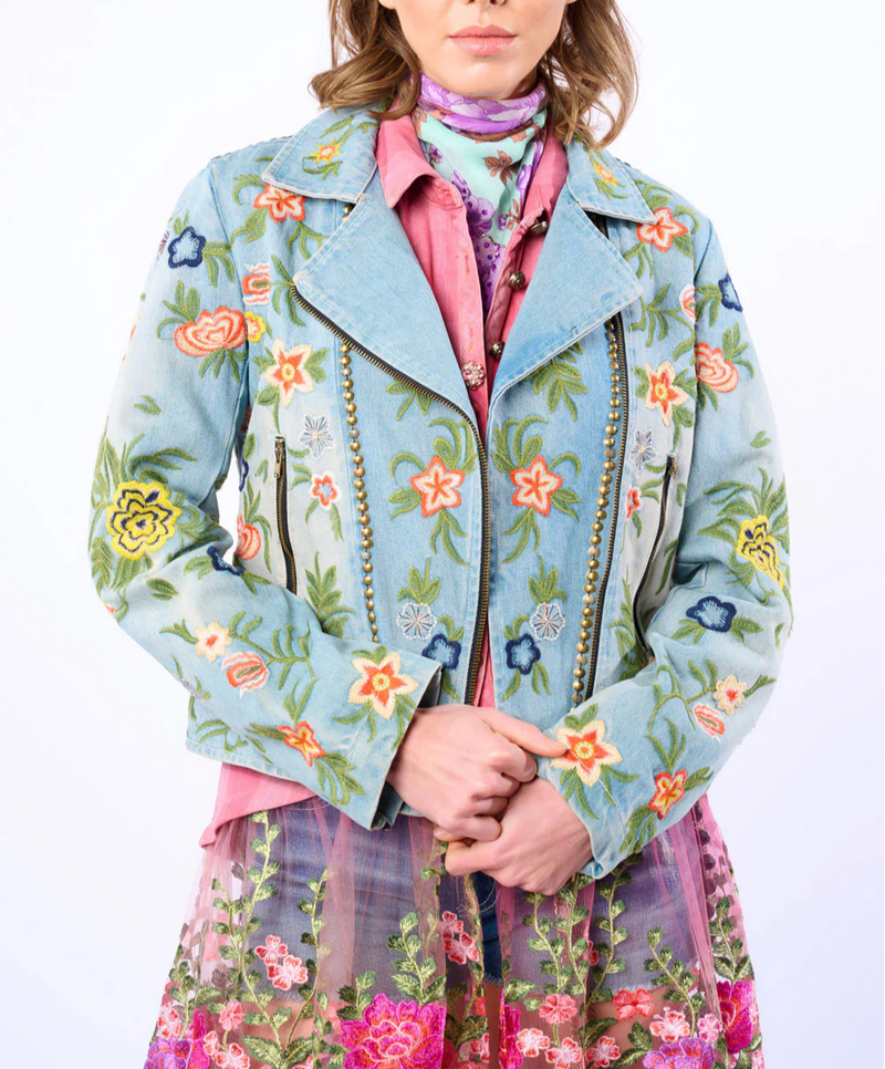 Aratta Lucinda Embroidered Denim Motorcycle Jacket
