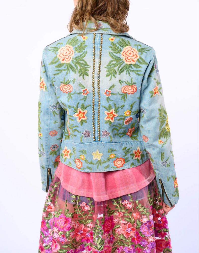 Aratta Lucinda Embroidered Denim Motorcycle Jacket