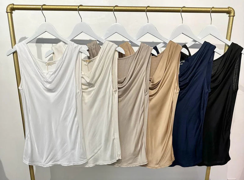 Milio Milano Silky Mixed Media Cowl Front Tank