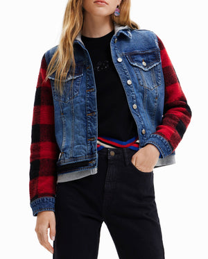 Desigual Denim Jacket With Plaid Sleeves