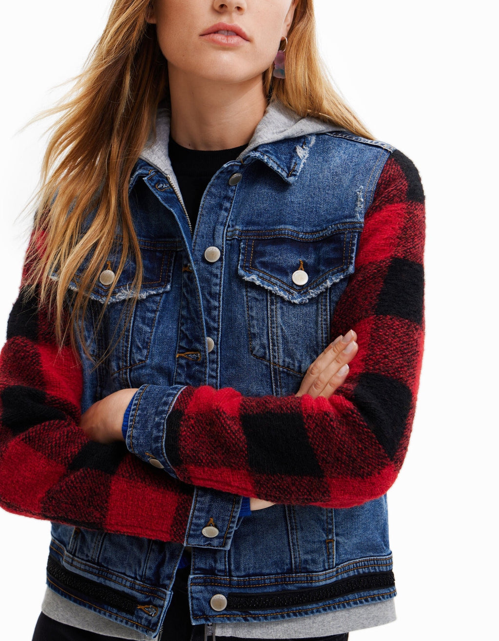 Desigual Denim Jacket With Plaid Sleeves